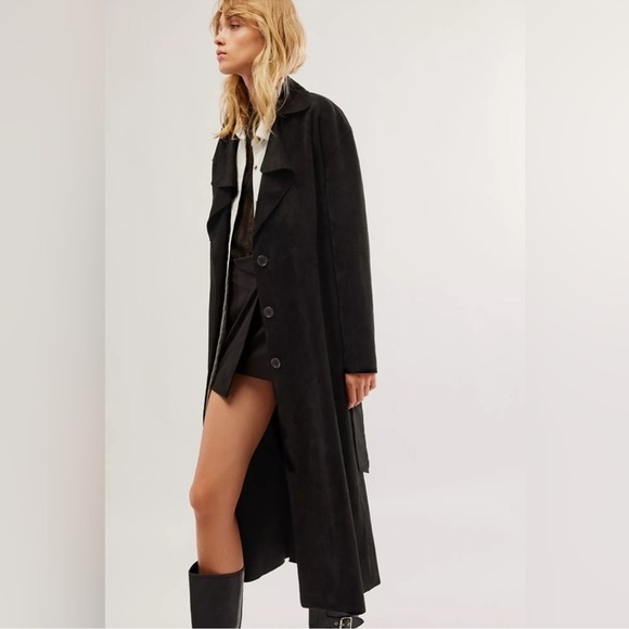 Free People x Blank NYC Vegan Suede Trench Coat Button Front Black Size Small - Picture 3 of 16